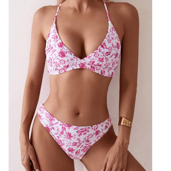 Boho Floral Print Criss Cross Lace up Bikini Swimsuit - Picture 2 of 5